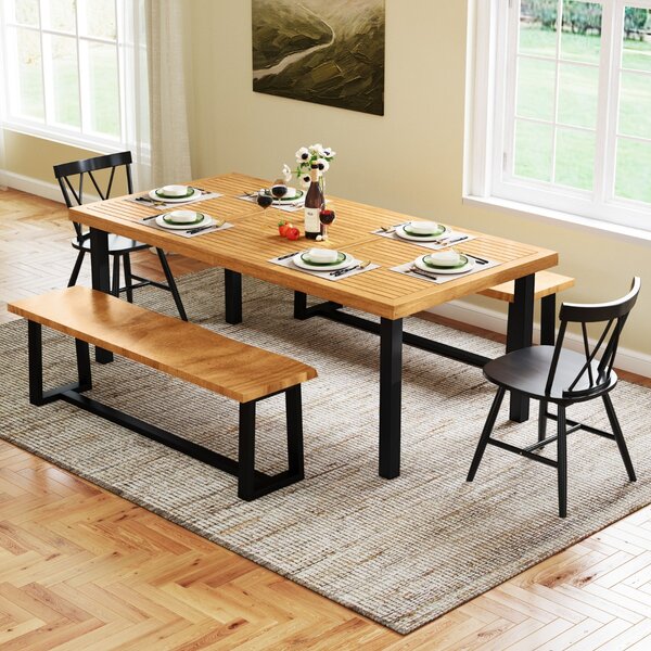 Costway Tavolo da pranzo da patio per 8 persone, Tavolo rettangolare grande da 200 cm con piano in legno di acacia e gambe in metallo ad alta resistenza Naturale + Nero