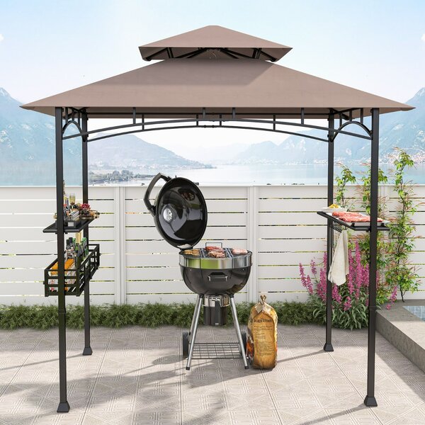 Costway Gazebo barbecue con 2 ripiani laterali cestino ganci appendiutensili, Tendone da esterno per barbecue 242x153cm Marrone