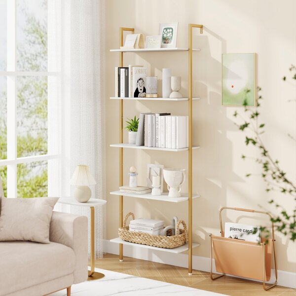 Costway Scaffale a scala a 5 ripiani per esposizione, Libreria da parete con struttura in metallo e piedini regolabili Bianco + Oro