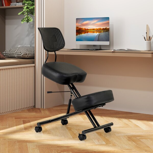 Costway Sedia ergonomica con supporto lombare per inginocchiarsi, Sgabello correttore con ruote universali bloccabili Nero