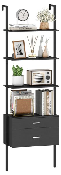Costway Libreria a scala a 6 ripiani con 2 cassetti e struttura in metallo, Libreria a scala da parete alto 184 cm Nero