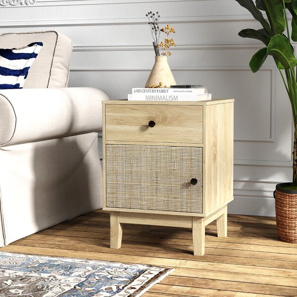 Costway Comodino in rattan stile medievale con cassetto e armadietto, Tavolino boho con gambe in legno Naturale
