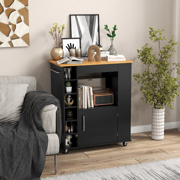 Costway Isola da cucina con ruote e portabottiglie a 6 scomparti piano in bambù, Carrello da cucina 76x44x89cm Nero