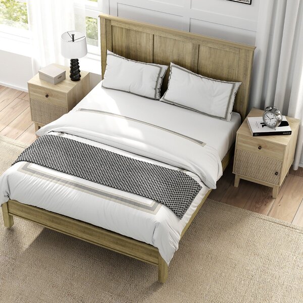 Costway Comodino in rattan stile medievale con cassetto e armadietto, Tavolino boho con gambe in legno Naturale