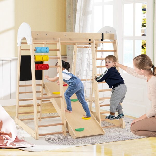 Costway Set arrampicata 8 in 1 per bambini con abaco e altalena, Set arrampicata di legno con scivolo e scala Naturale