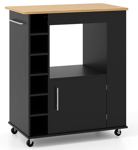 Costway Isola da cucina con ruote e portabottiglie a 6 scomparti piano in bambù, Carrello da cucina 76x44x89cm Nero