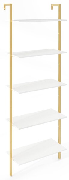 Costway Scaffale a scala a 5 ripiani per esposizione, Libreria da parete con struttura in metallo e piedini regolabili Bianco + Oro