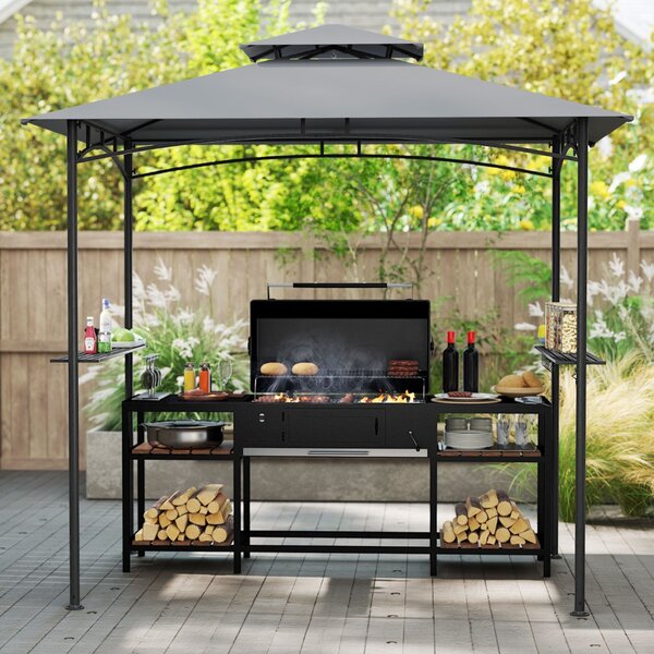 Costway Gazebo per griglia e pergolato per barbecue con doppio tetto, Tenda da esterno 242 x 150 cm Grigio