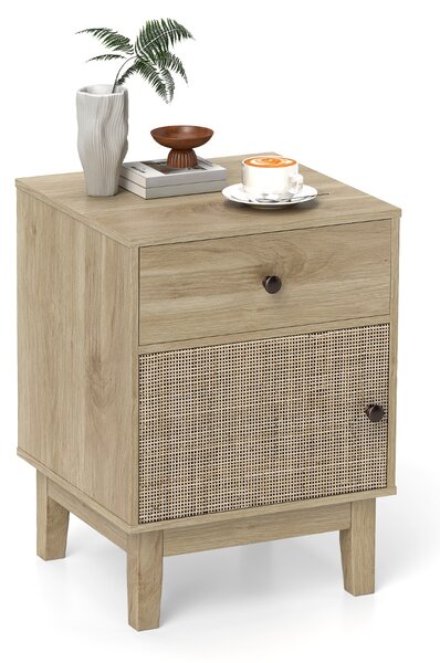 Costway Comodino in rattan stile medievale con cassetto e armadietto, Tavolino boho con gambe in legno Naturale