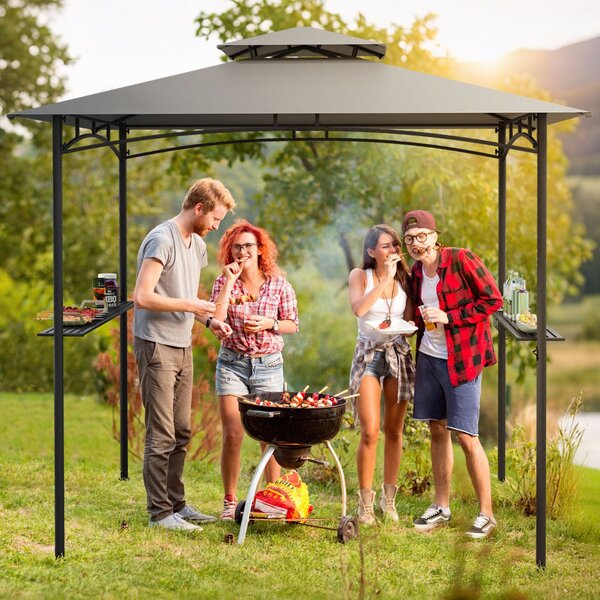 Costway Gazebo per griglia e pergolato per barbecue con doppio tetto, Tenda da esterno 242 x 150 cm Grigio