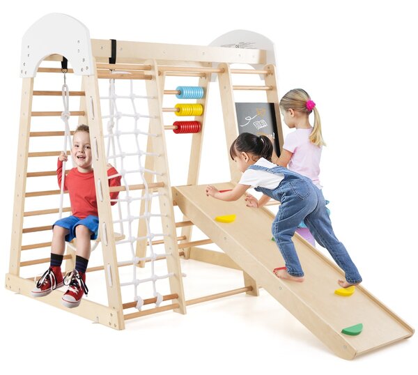 Costway Set arrampicata 8 in 1 per bambini con abaco e altalena, Set arrampicata di legno con scivolo e scala Naturale