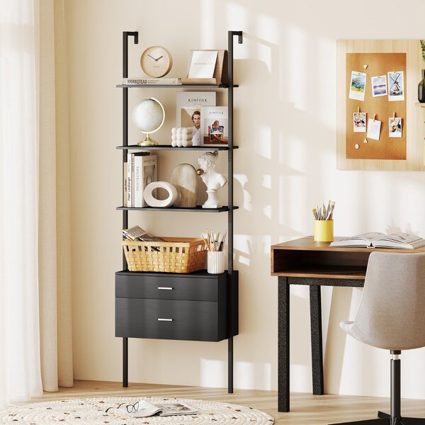 Costway Libreria a scala a 6 ripiani con 2 cassetti e struttura in metallo, Libreria a scala da parete alto 184 cm Nero