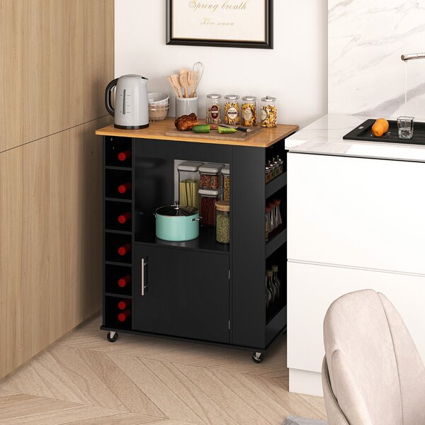 Costway Isola da cucina con ruote e portabottiglie a 6 scomparti piano in bambù, Carrello da cucina 76x44x89cm Nero