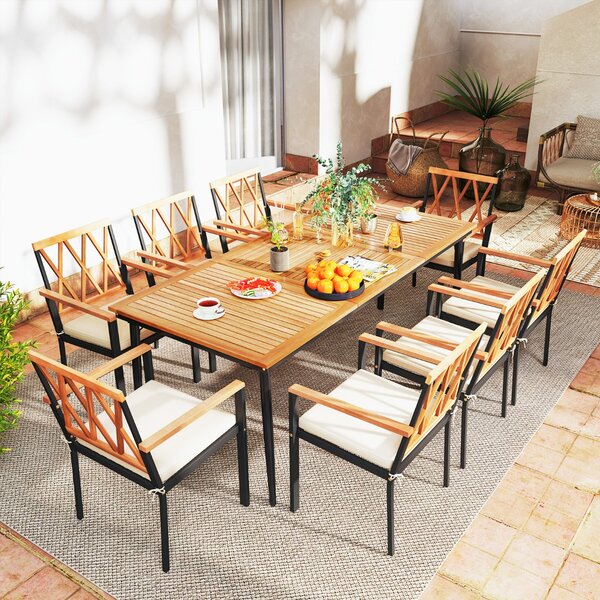 Costway Tavolo da pranzo in legno di acacia per 8 persone, Mobili da pranzo con piano a doghe per giardino e bordo piscina Naturale