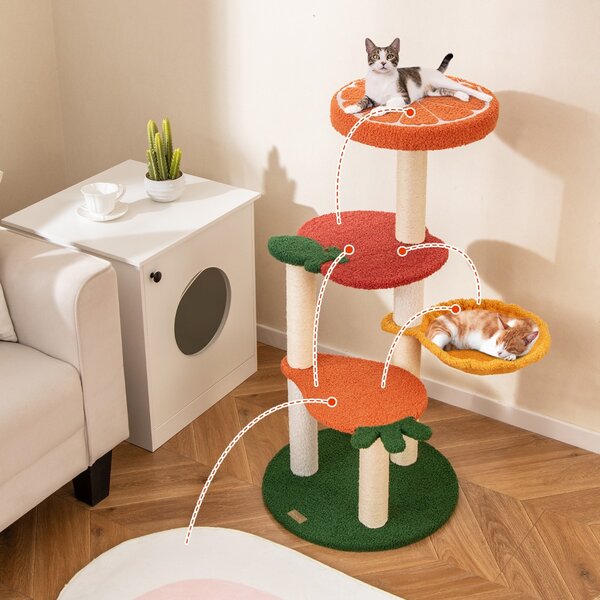 Costway Albero per gatti con cesto rotante di mela e carota, Albero per gatti in stile frutta 99,5 cm Colorato