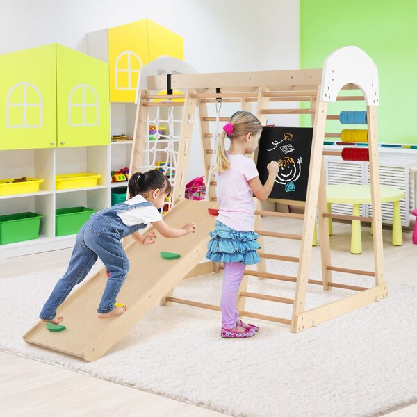 Costway Set arrampicata 8 in 1 per bambini con abaco e altalena, Set arrampicata di legno con scivolo e scala Naturale