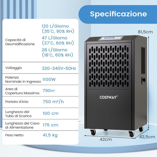Costway Deumidificatore commerciale 118L con tubo di scarico, Deumidificatore per impieghi gravosi per spazi fino a 790㎡ Nero