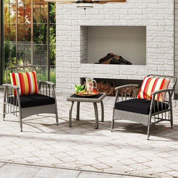 Costway Set da giardino 3 pezzi in rattan PE con schienale regolabile a 5 livelli, Set da conversazione per esterno con cuscini e tavolino da caffè Grigio Misto