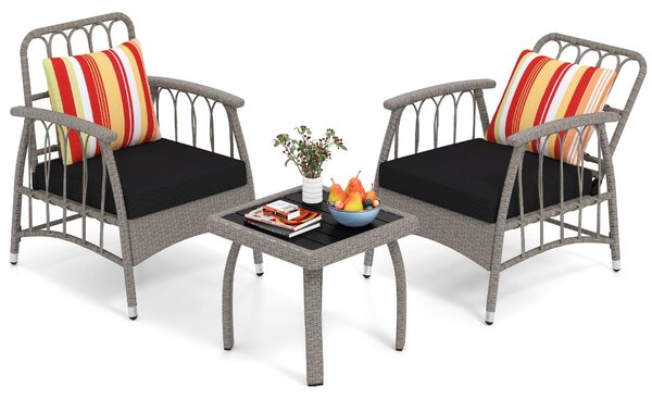 Costway Set da giardino 3 pezzi in rattan PE con schienale regolabile a 5 livelli, Set da conversazione per esterno con cuscini e tavolino da caffè Grigio Misto