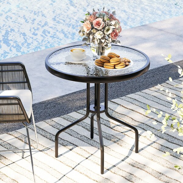 Costway Tavolo da pranzo da patio 70 cm con piano in vetro temperato, Tavolo da bistro rotondo con struttura in metallo Nero