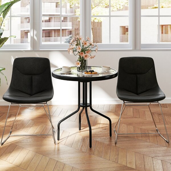 Costway Tavolo da pranzo da patio 70 cm con piano in vetro temperato, Tavolo da bistro rotondo con struttura in metallo Nero