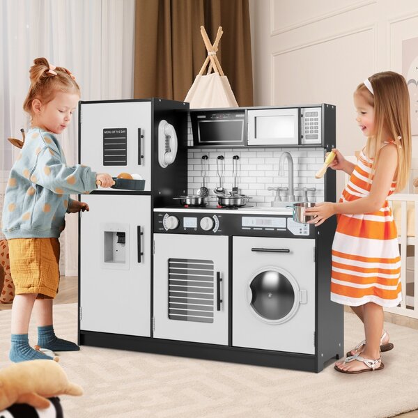 Costway Set di cucina giocattolo con forno lavatrice microonde dispenser d’acqua, Giocattolo da chef per gioco di fantasia Nero