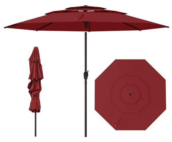 Costway Ombrellone da patio a 3 livelli con ventilazione, Grande ombrellone da tavolo con meccanismo Rosso Bordeaux