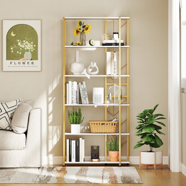 Costway Libreria geometrica moderna con telaio in metallo da letto, Libreria a 6 ripiani con 2 kit antiribaltamento per soggiorno Bianco