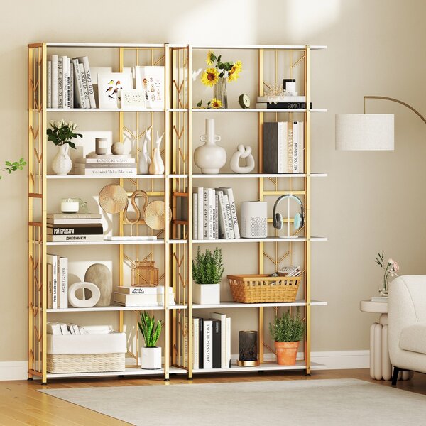 Costway Libreria geometrica moderna con telaio in metallo da letto, Libreria a 6 ripiani con 2 kit antiribaltamento per soggiorno Bianco