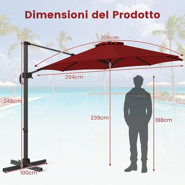 Costway Ombrellone da esterno con base a forma di croce, Ombrellone con rotazione a 360° per giardino e piscina e cortile Rosso