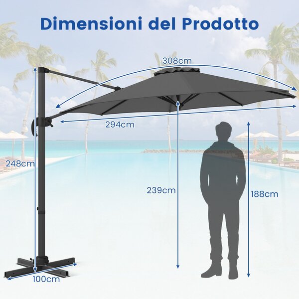 Costway Ombrellone da esterno con base a forma di croce, Ombrellone con rotazione a 360° per giardino e piscina e cortile Grigio