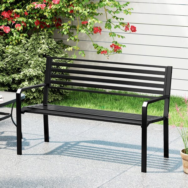 Costway Panca da parco in metallo da 127 cm per esterni, Panca da giardino con schienale a listelli per 2-3 persone Nero