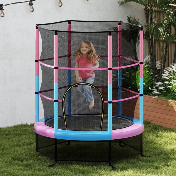 Costway Tappeto elastico per bambini con rete di sicurezza in acciaio resistente, Tappeto elastico con struttura Rosa