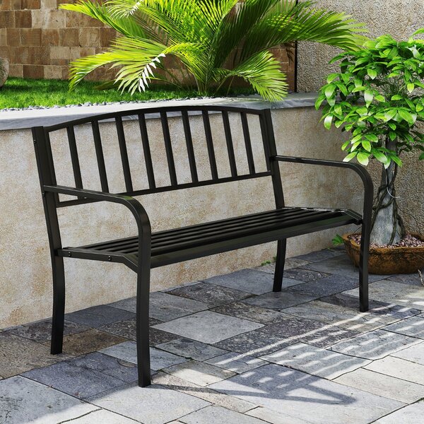 Costway Panca da esterno panca da giardino da 127 cm con schienale a listelli e braccioli curvi, Panca da patio per 2-3 persone Nero