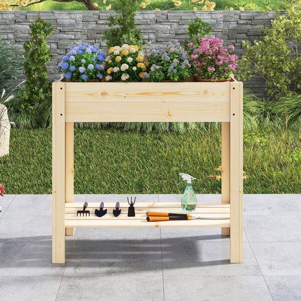 Costway Letto da giardino rialzato in legno contenitore per fiori per interno ed esterno, Fioriera elevata con ripiano Naturale