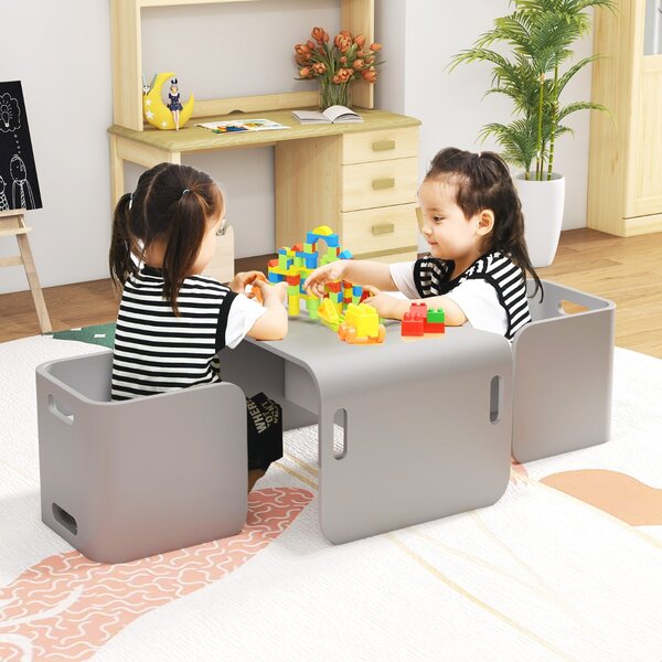 Costway Set tavolo e sedie in legno di faggio per bambini, Set multiuso con tavola spessa e superficie liscia Grigio