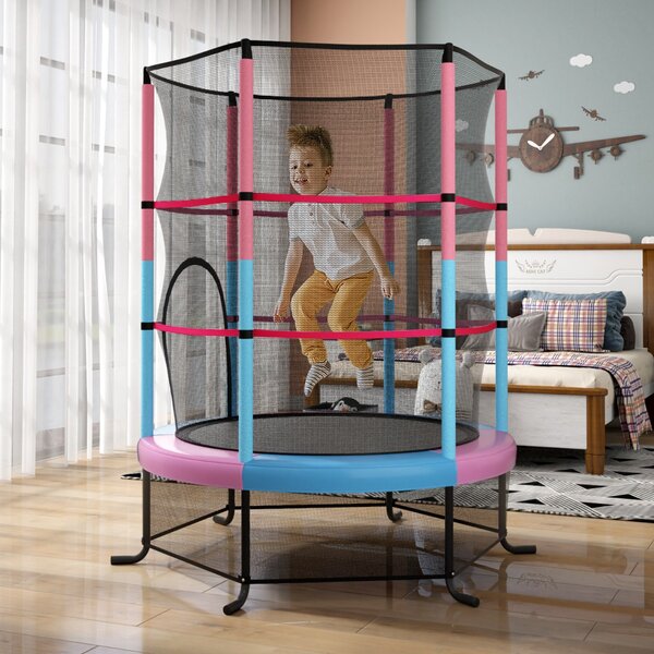 Costway Tappeto elastico per bambini con rete di sicurezza, Tappeto elastico con struttura in acciaio resistente Rosa