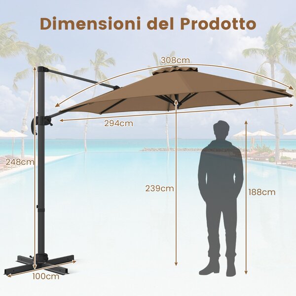 Costway Ombrellone da esterno con base a forma di croce, Ombrellone con rotazione a 360° per giardino e piscina e cortile Marrone