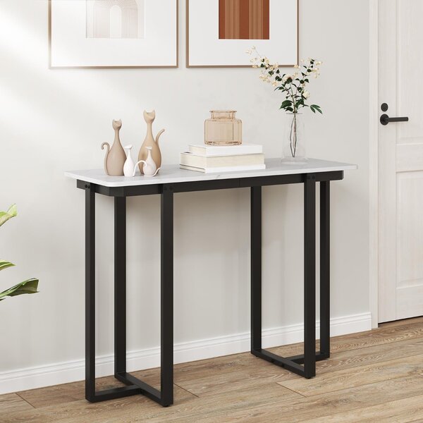 Costway Tavolo console tavolo d'ingresso moderno in marmo finto con telaio geometrico in metallo, Tavolo stretto per soggiorno corridoio Bianco Nero 107 x 40 x 79,5 cm