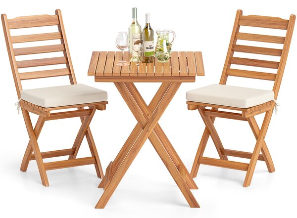 Costway Tavolo e sedia pieghevole con cuscini per seduta morbidi, Set bistro da rsterno per patio Naturale