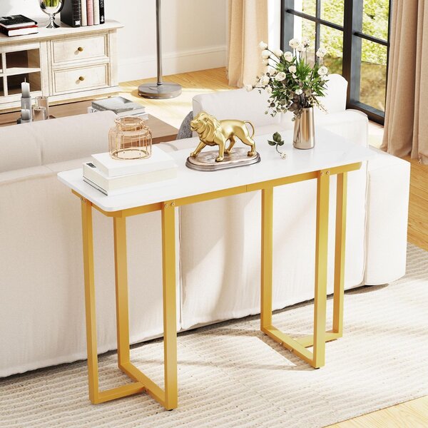Costway Tavolo console tavolo d'ingresso moderno in marmo finto con telaio geometrico in metallo, Tavolo stretto per soggiorno corridoio Bianco Oro 107 x 40 x 79,5 cm