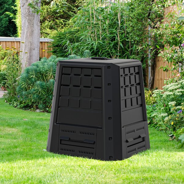 Costway Compostiera da giardino per compost da esterno con coperchio, Compostiera da giardino da 380l Nero