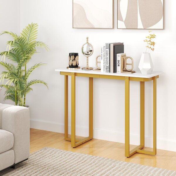Costway Tavolo console tavolo d'ingresso moderno in marmo finto con telaio geometrico in metallo, Tavolo stretto per soggiorno corridoio Bianco Oro 107 x 40 x 79,5 cm
