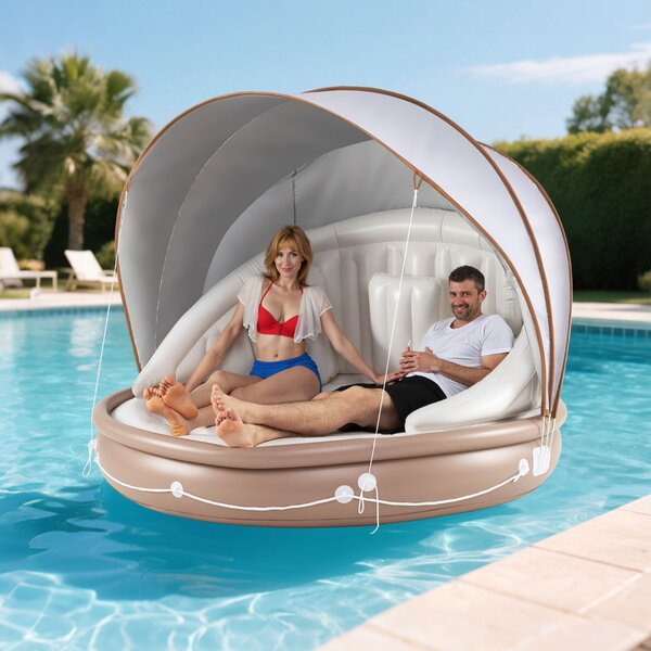 Costway Isola gonfiabile con tetto capacità di carico 180 kg, Lettino galleggiante da piscina 186 cm con tetto retrattile e rimovibile Colorato