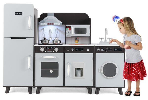 Costway Set da cucina per bambini 3 in 1 con luci e suoni per bambini 3+ anni, Cucina da gioco con frigorifero e lavatrice macchina del ghiaccio Grigio