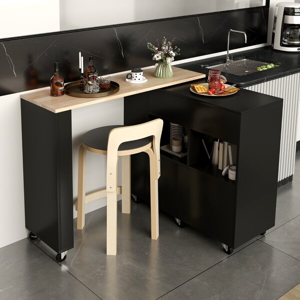 Costway Carrello da cucina con piano in legno di gomma ripiano regolabile porta calici, Mobile 2 in 1 su ruote Nero