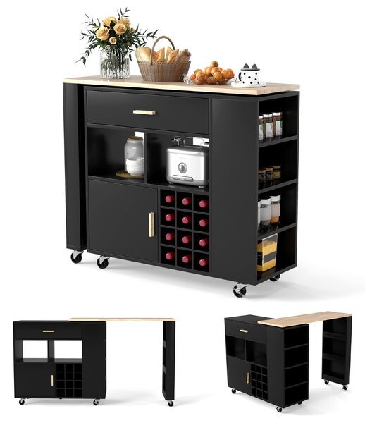 Costway Carrello da cucina con piano in legno di gomma ripiano regolabile porta calici, Mobile 2 in 1 su ruote Nero