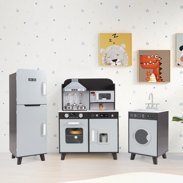 Costway Set da cucina per bambini 3 in 1 con luci e suoni per bambini 3+ anni, Cucina da gioco con frigorifero e lavatrice macchina del ghiaccio Grigio