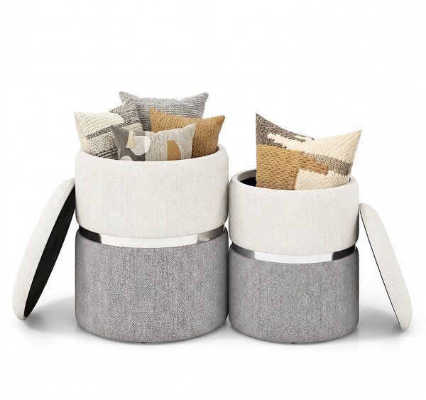 Costway Set di 2 pouf in tessuto con spazio di archiviazione, Poggiapiedi rotondo con spazio nascosto Beige e Grigio