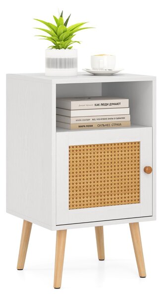 Costway Comodino con mensola aperta e porta in rattan, Tavolino in stile country per camera da letto e soggiorno Bianco